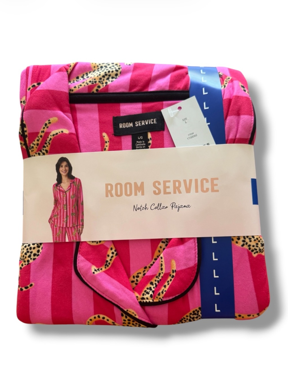 Room Service Shawl Collar Long Sleeve Pajama Set  Pink Jaguar Stripes